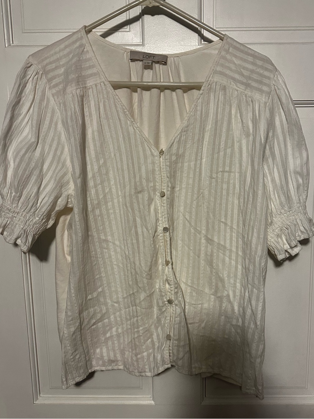 LOFT Cream White Striped V-Neck Button Blouse
